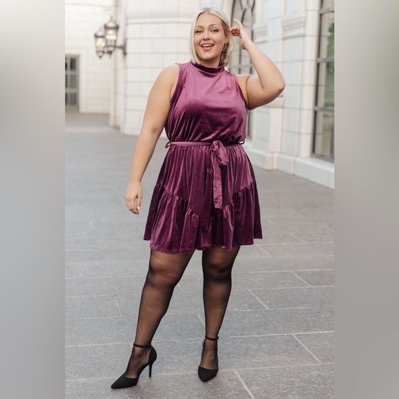 GeeGee Dresses & Skirts - Velvet Mock Neck Tie Waist Dress | Plum Holiday Party Mini Dress